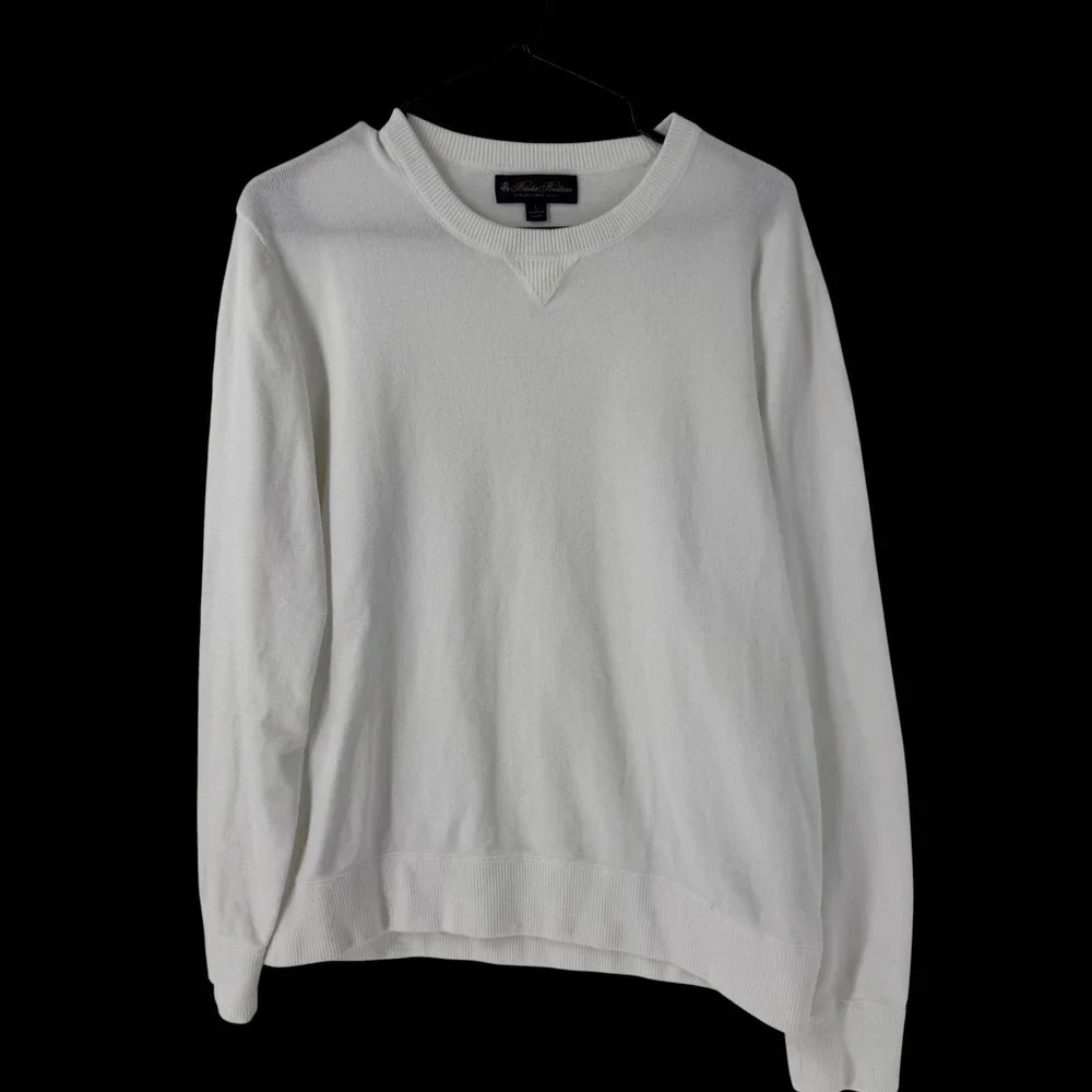 Brooks Brothers Mens White Cotton Crewneck Sweater V-Stitch Ribbed Trim Large
